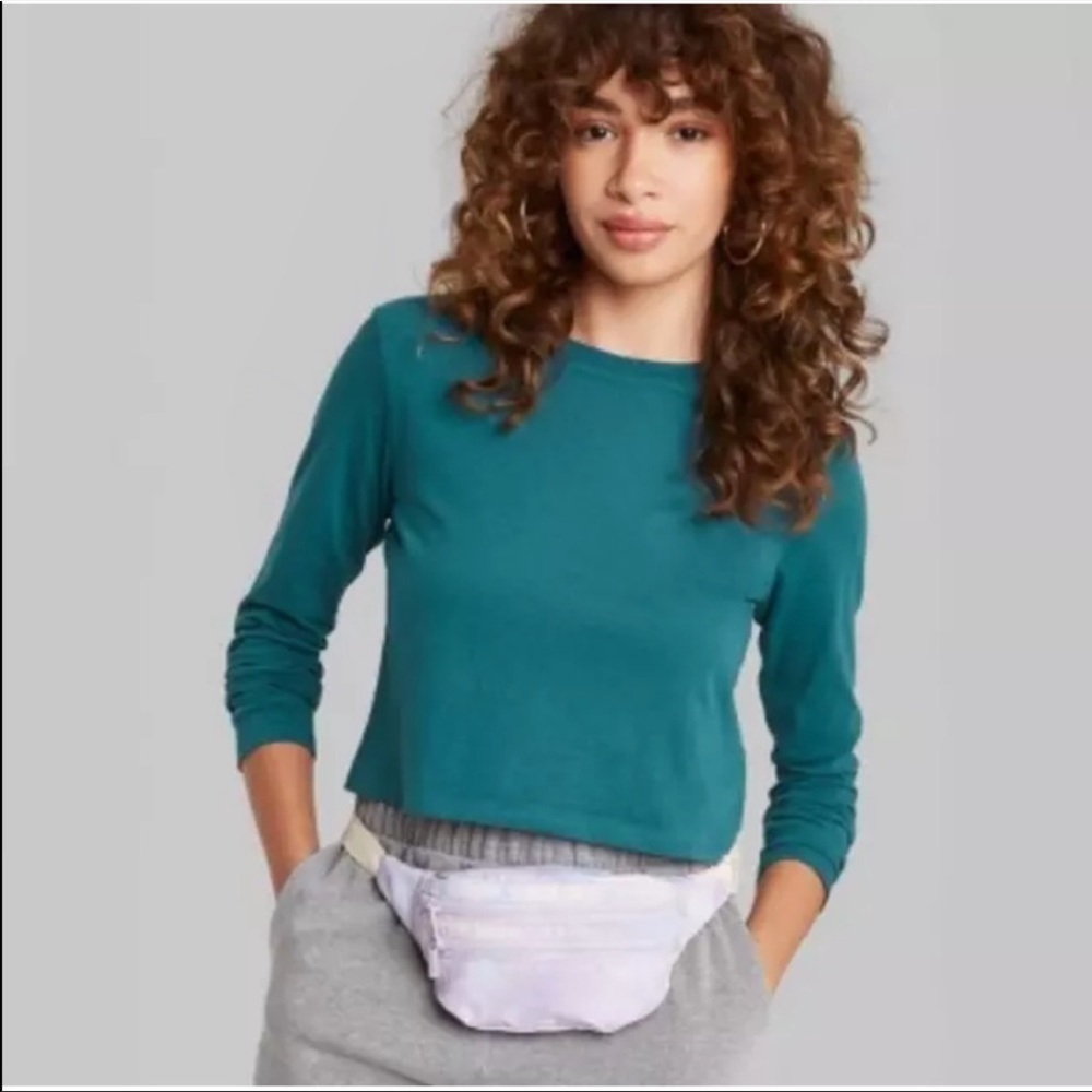 NWT Wild Fable Long Sleeve Green Cotton Crew Neck Crop Shirt Top XL